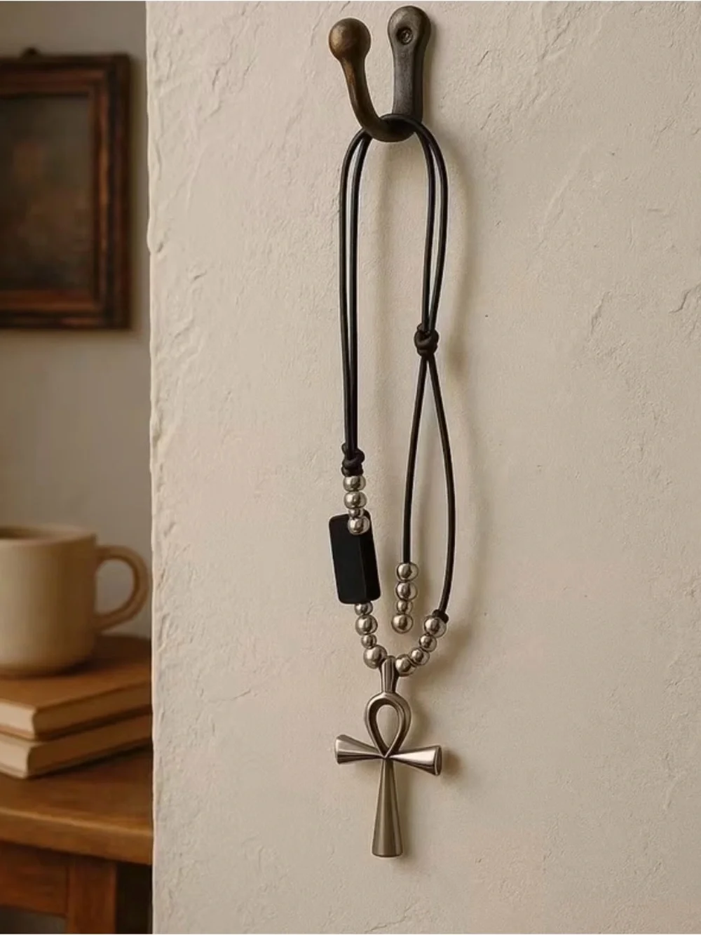 Black Leather Cord Necklace with Silver Ankh and Bead Accents